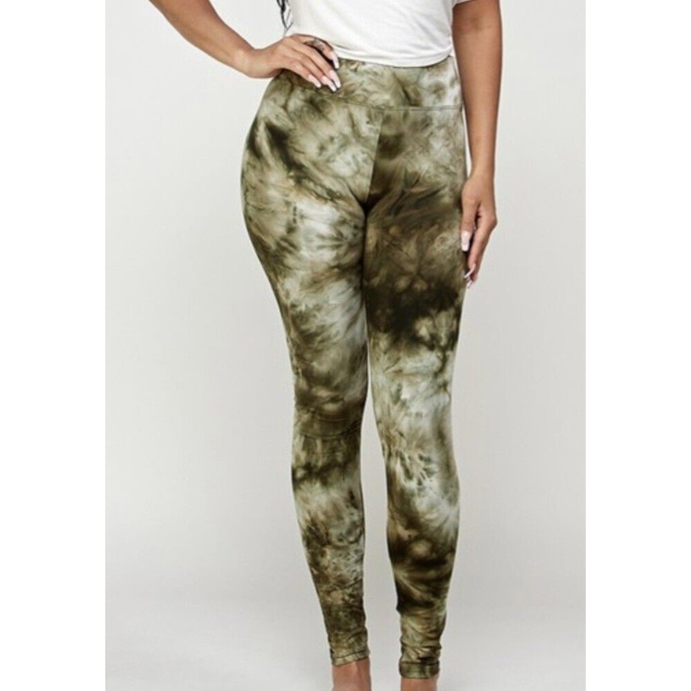 ADULT OLIVE TIE-DYE BRUSHED LEGGINGSS WITH HIGH WAIST YOGA BAND L/XL